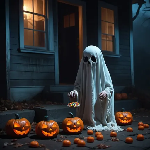 Prompt: A (Human-looking semi-tranparent ghost child eating Halloween candy), spooky and ethereal, dramatic dark shadows with moody lighting, eerie and mysterious atmosphere, vibrant candy colors contrasting with the ghostly figure, haunted house background, fog rolling on the ground, eerie moonlight filtering through broken windows, ultra-detailed, cinematic, 4K, high depth effects, captivating, meticulously crafted Halloween scene  with the caption "I Love Halloween"