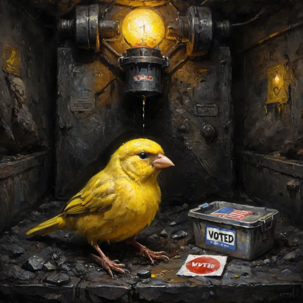 Prompt: a canary in a coal mine with an "I Voted" sticker