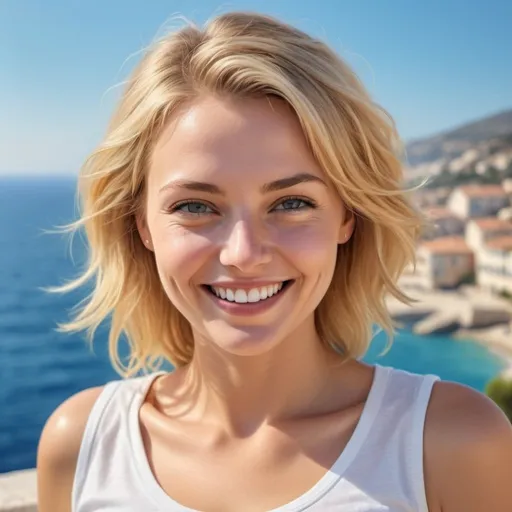 Prompt: Blond woman with a radiant smile, white t-shirt, Mediterranean sea in the background, high quality, realistic, vibrant colors, Mediterranean style, detailed facial features, bright and sunny atmosphere, natural lighting, from waist up
