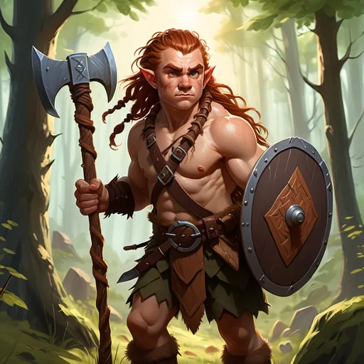 Prompt: A halfling barbarian carrying an axe and shield stands in a forest clearing, his long auburn braids sway in the wind. The sun flints in his Hazel eyes