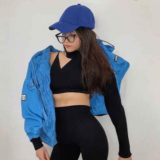 Prompt: (dark brown ((low-tied)) long hair:1.5),(scrunchie:1.5),BREAK ((black:1.5) under-rim eyewear:1.2),BREAK ((blue:1.45) base ball (cap:1.3)),BREAK ((blue:1.4) short sleeves open cropped jacket:1.5),BREAK (black high neck knit full bodysuit:1.5),(layered (black tight knit (long sleeves)):1.5),((thick) black knit leggings:1.5),BREAK starly (green eyes:1.3),beautiful eyes,(from behind:1.3),BREAK 