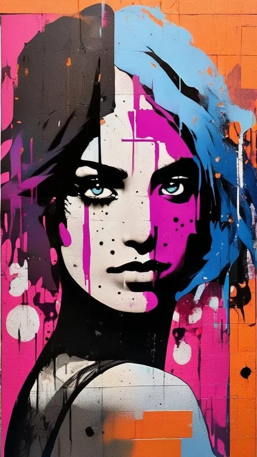 Prompt: Graffiti, splatter painting of city-life, magenta and orange gradient background, small black dots, BREAK 
woman with blue hair, in the style of multi-layered collages, edgy street art, celebrity-portraits, cardboard, fragmented icons, realistic hyper-detail, crossed colors --ar 73:111 --stylize 750 --v 6