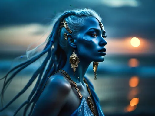 Prompt: <mymodel> The Dark Blue skin beaultiful Alien Girl. She is wearing a light blue ancient greek dress. She is singing on a ancient plataform in the middle of the ocea , late evening. Ultra-realistic. 