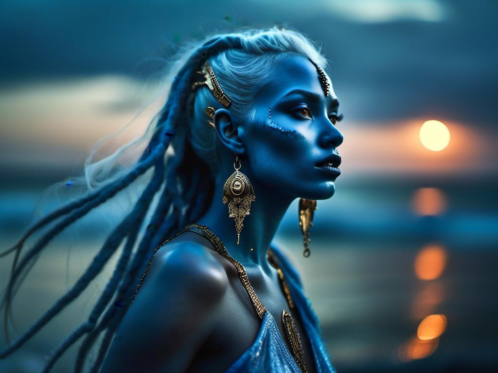 Prompt: <mymodel> The Dark Blue skin beaultiful Alien Girl. She is wearing a light blue ancient greek dress. She is singing on a ancient plataform in the middle of the ocea , late evening. Ultra-realistic. 