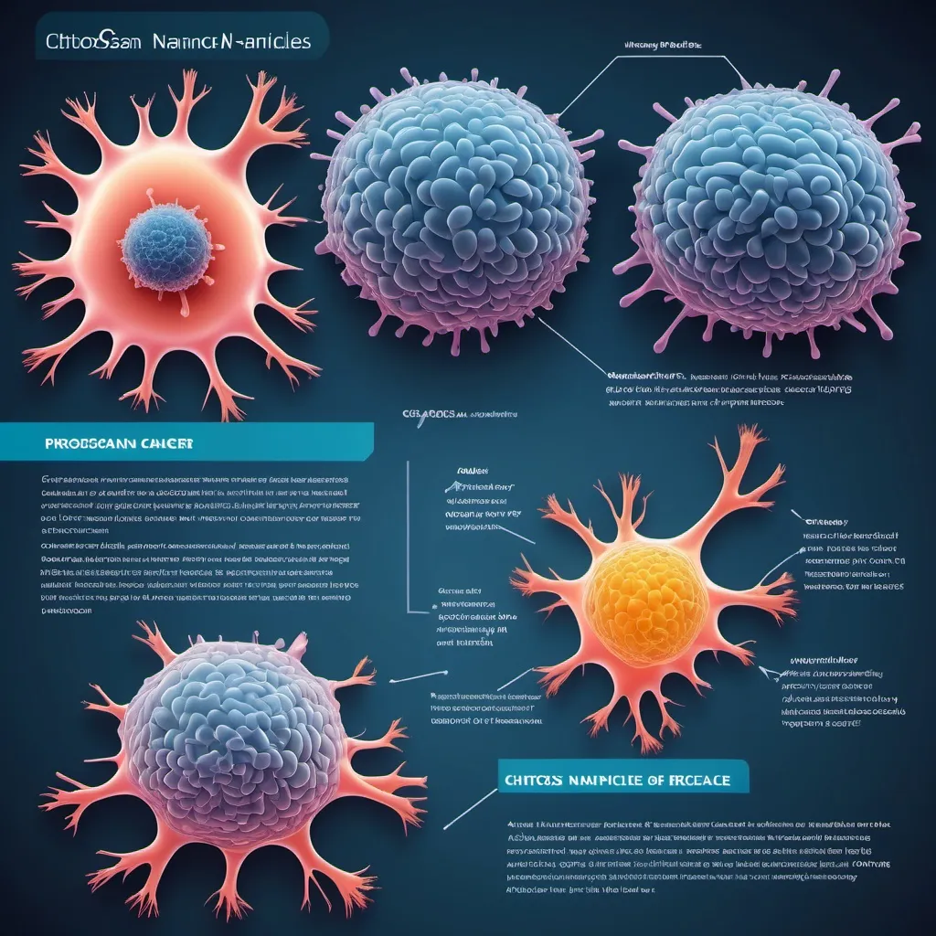 Prompt: Create a graphical abstract for research article about chitosan nanoprticles in therapy of prostate cancer.