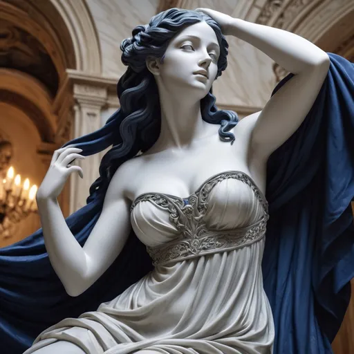 Prompt: (sculpture renaissance), elegantly portrayed woman,  metalical details, dark blue, exquisite details, flowing drapery, soft marble textures, captivating expression, (timeless beauty), inviting fascination and admiration, (ultra-detailed), harmonious classic elements, strong sense of depth, opulent background with classical architecture.