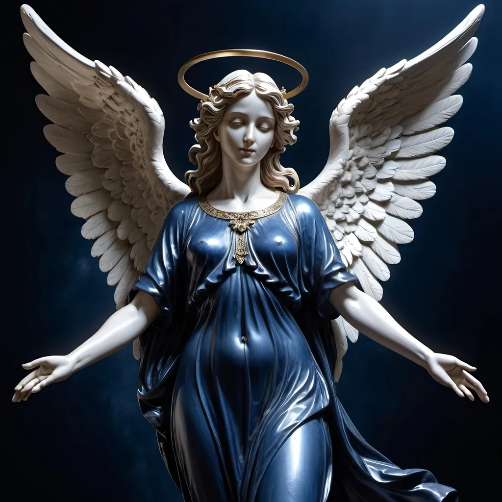 Prompt: Statue-style angel in dark blue clothes, detailed metallic textures, angelic wings, dramatic lighting, ethereal atmosphere, high quality, halo, epic lighting, dark blue background, detailed craftsmanship, statue-like, heavenly, metallic sheen, dramatic lighting, flying,ethereal atmosphere, detailed, professional