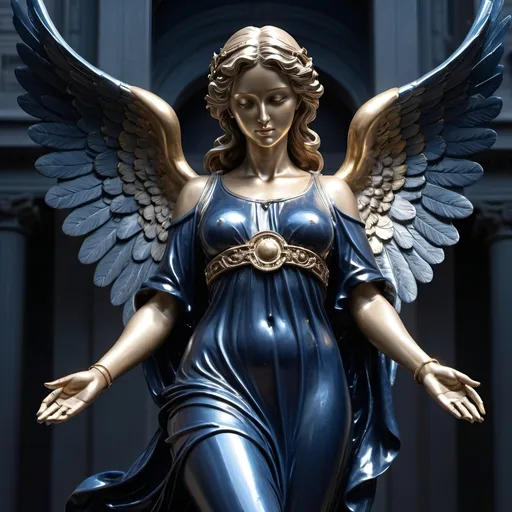 Prompt: Statue-style angel in dark blue clothes, detailed metallic textures, angelic wings, dramatic lighting, high quality, halo, epic lighting, city background, detailed craftsmanship, statue-like, heavenly, detailed, professional, atmospheric lighting, metallic sheen, flying