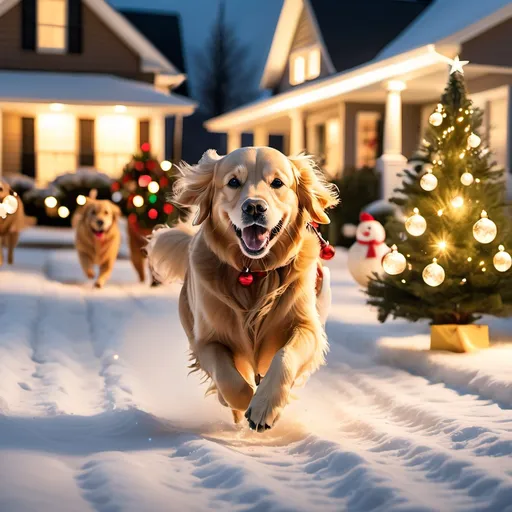 Prompt: A christmas golden retriever running through the sow with their family. The yard should be full of christmas decorations and christmas lights