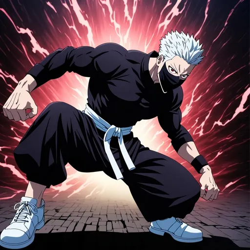 Prompt: muscular man with white hair, purple eyes, black mask on his face, witch gojo satoru timeskip outfit , white shoes in anime jujutsu kaisen style