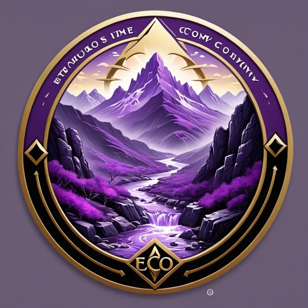 Prompt: a logo for a gaming design company with mountains in the background and a river running through it in the center, ESAO, lyco art, logo, computer graphics, Purple, Gold, black, Fantasy World,