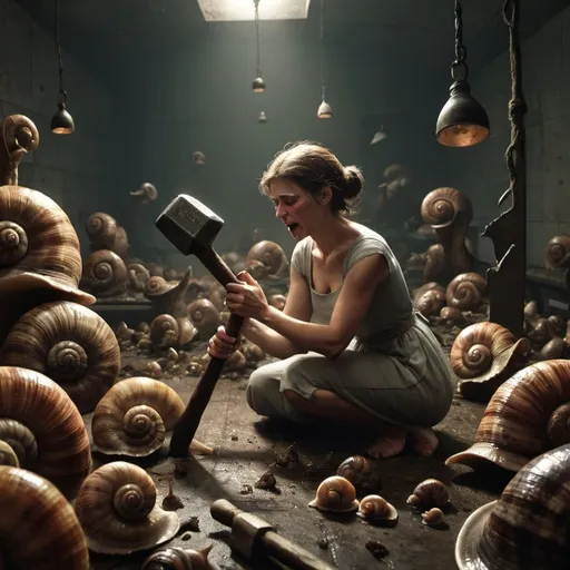 Prompt: In a dimly lit room, a crying woman holds a hammer in her hand
Many giant snails surround her
