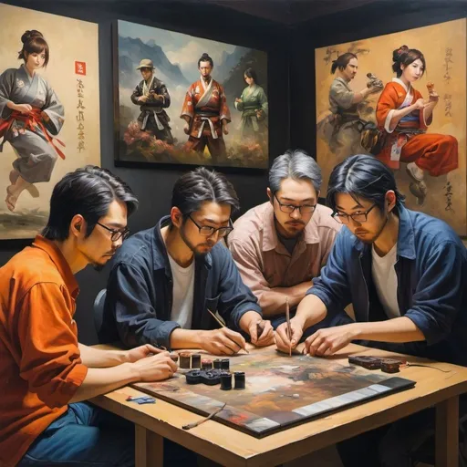 Prompt: oil painting of Japanese game designers 