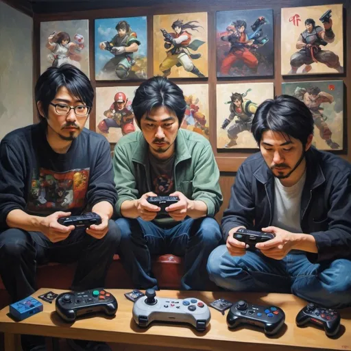 Prompt: oil painting of Japanese video  game designers with game screens and hand held game controllers 