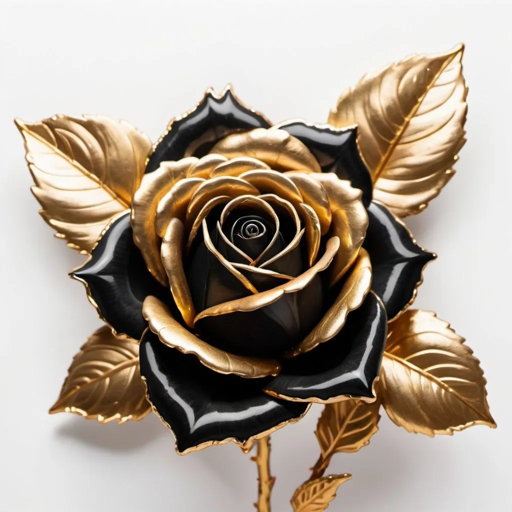 Prompt: black rose with gold edges and gold leaves. White background
