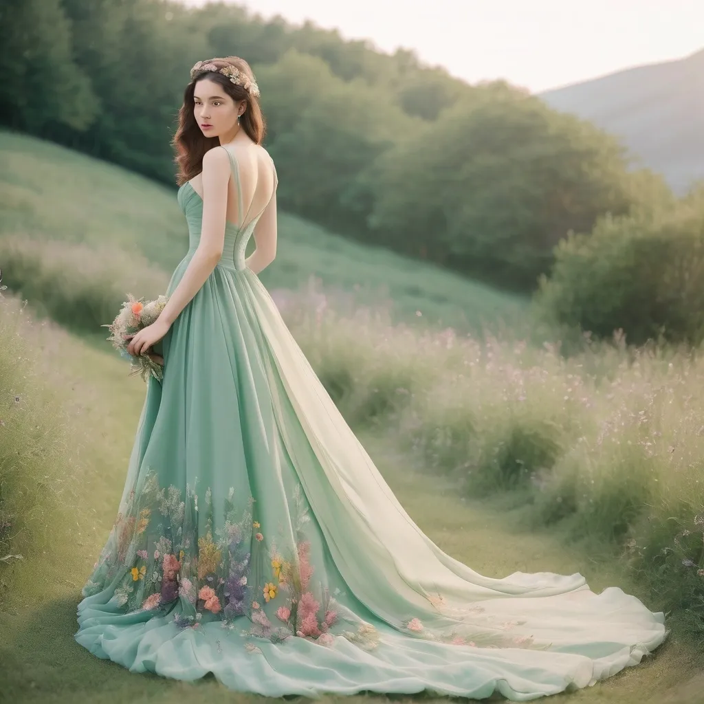 Prompt: Beautiful floor-length chiffon ball gown, pastel green, with wildflowers sewn into the fabric.