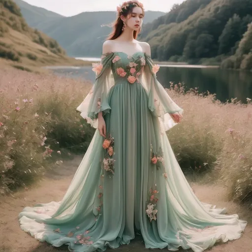 Prompt: Beautiful floor-length chiffon ball gown, pastel green, with wildflowers sewn into the fabric. Off-shoulder, long, draping sleeves, fantasy princess elf style. Cottage core aesthetic. Intricate rose gold detailing.