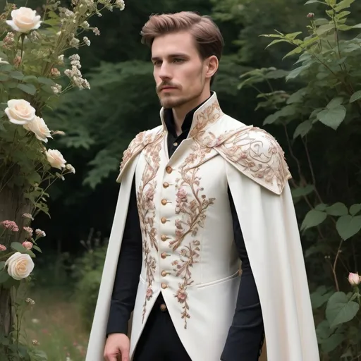 Prompt: Handsome, regal tabbard, ivory white, with wildflowers sewn into the fabric. Cascading cape, draping from the shoulder lapel. Cottage core aesthetic. Intricate rose gold detailing.