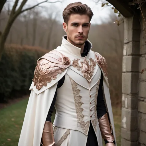 Prompt: Handsome, regal tabbard, ivory white, with armor sewn into the fabric. Cascading cape, draping from the shoulder lapel. Cottage core aesthetic. Intricate rose gold detailing.