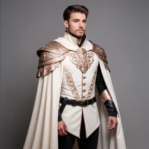 Prompt: Handsome, regal tabbard, ivory white, with armor sewn into the fabric. Cascading cape, draping from the shoulder lapel. Cottage core aesthetic. Intricate rose gold detailing.