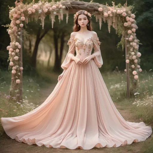 Prompt: Beautiful floor-length chiffon ball gown, pastel peach, with wildflowers sewn into the fabric. Off-shoulder, long, draping sleeves, fantasy princess elf style. Cottage core aesthetic. Intricate rose gold detailing.