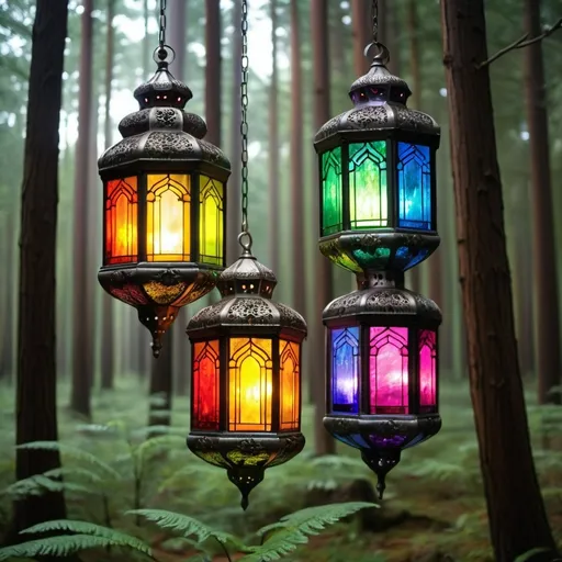 Prompt: Ornate rainbow stained glass lanterns hanging in a forest