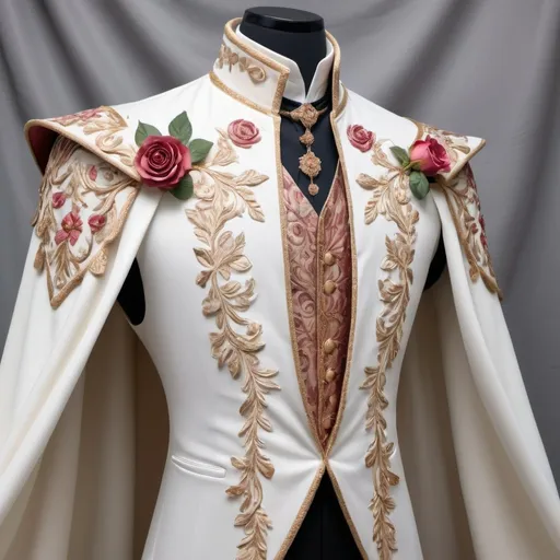 Prompt: Handsome, regal tabbard, ivory white, with wildflowers sewn into the fabric. Cascading cape, draping from the shoulder lapel. Cottage core aesthetic. Intricate rose gold detailing.