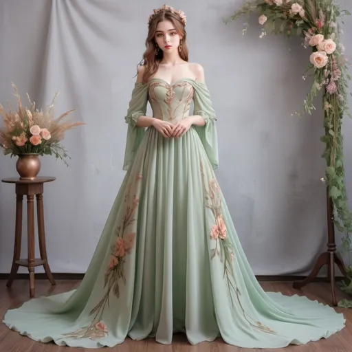 Prompt: Beautiful floor-length chiffon ball gown, pastel green, with wildflowers sewn into the fabric. Off-shoulder, long, draping sleeves, fantasy warrior princess style. Cottage core aesthetic. Elegant rose gold armor.