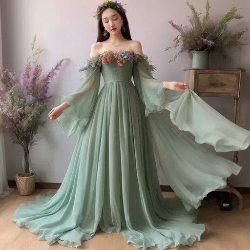 Prompt: Beautiful floor-length chiffon ball gown, pastel green, with wildflowers sewn into the fabric. Off-shoulder, long, draping sleeves, fantasy princess elf style. Cottage core aesthetic.