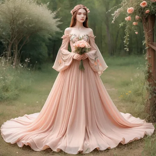 Prompt: Beautiful floor-length chiffon ball gown, pastel peach, with wildflowers sewn into the fabric. Off-shoulder, long, draping sleeves, fantasy princess elf style. Cottage core aesthetic. Elegant rose gold armor.