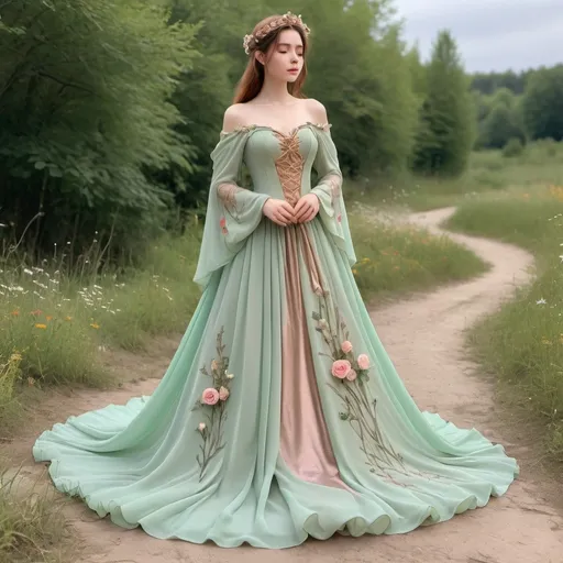 Prompt: Beautiful floor-length chiffon ball gown, pastel green, with wildflowers sewn into the fabric. Off-shoulder, long, draping sleeves, fantasy princess elf style. Cottage core aesthetic. Elegant rose gold armor.