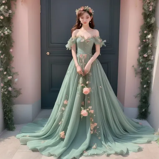 Prompt: Beautiful floor-length chiffon ball gown, pastel green, with wildflowers sewn into the fabric. Off-shoulder, long, draping sleeves, fantasy princess elf style. Cottage core aesthetic. Intricate rose gold detailing.