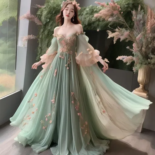 Prompt: Beautiful floor-length chiffon ball gown, pastel green, with wildflowers sewn into the fabric. Off-shoulder, long, draping sleeves, fantasy princess elf style. Cottage core aesthetic. Intricate rose gold detailing.