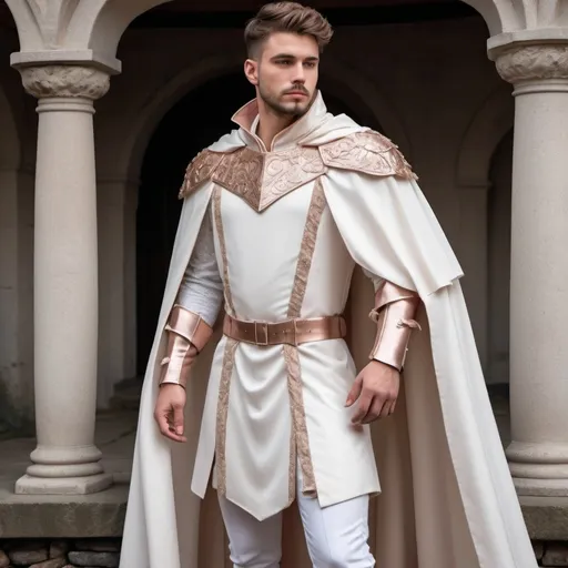 Prompt: Handsome, regal tunic, ivory white, with armor sewn into the fabric. Cascading cape, draping from the shoulder lapel. Cottage core aesthetic. Delicate rose gold detailing.