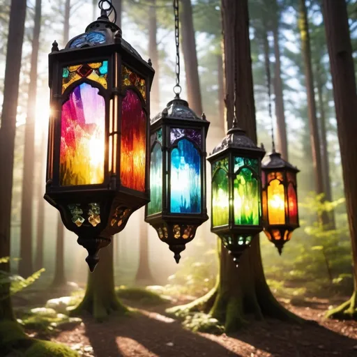 Prompt: Ornate rainbow stained glass lanterns hanging in a dreamy, sunlit forest