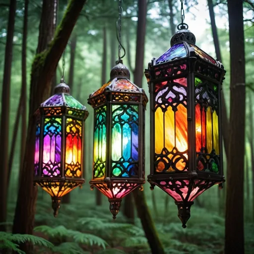 Prompt: Ornate rainbow stained glass lanterns hanging in a forest