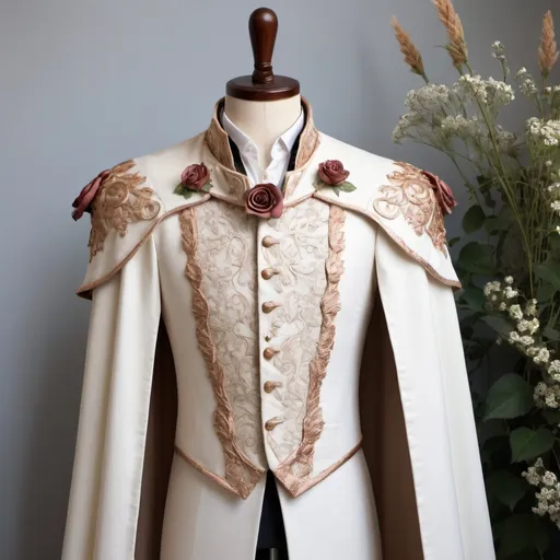 Prompt: Handsome, regal tabbard, ivory white, with wildflowers sewn into the fabric. Cascading cape, draping from the shoulder lapel. Cottage core aesthetic. Intricate rose gold detailing.