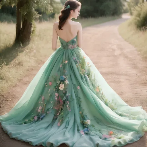 Prompt: Beautiful floor-length chiffon ball gown, pastel green, with wildflowers sewn into the fabric.