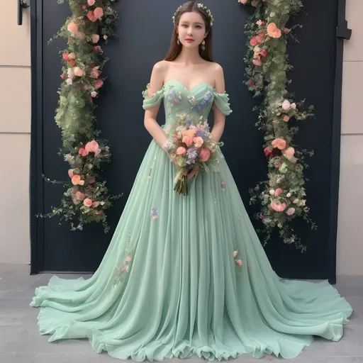 Prompt: Beautiful floor-length chiffon ball gown, pastel green, with wildflowers sewn into the fabric. Off-shoulder, draping sleeves