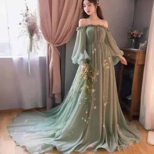 Prompt: Beautiful floor-length chiffon ball gown, pastel green, with wildflowers sewn into the fabric. Off-shoulder, long, draping sleeves, fantasy princess elf style. Cottage core aesthetic.