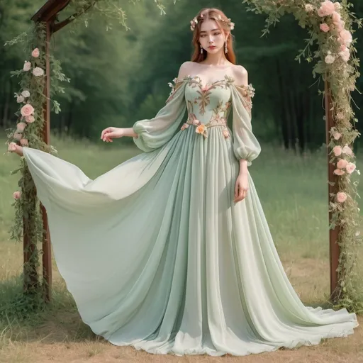 Prompt: Beautiful floor-length chiffon ball gown, pastel green, with wildflowers sewn into the fabric. Off-shoulder, long, draping sleeves, fantasy princess elf style. Cottage core aesthetic. Elegant rose gold armor.