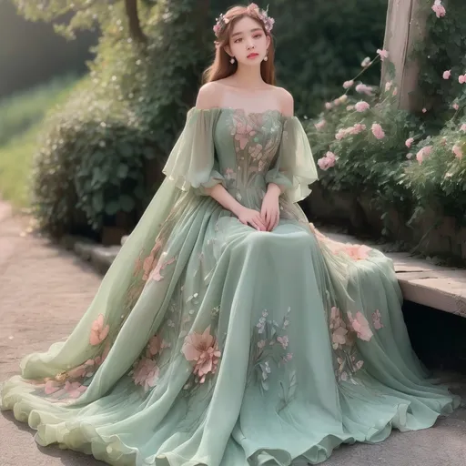 Prompt: Beautiful floor-length chiffon ball gown, pastel green, with wildflowers sewn into the fabric. Off-shoulder, long, draping sleeves, fantasy princess elf style. Cottage core aesthetic. Intricate rose gold detailing.