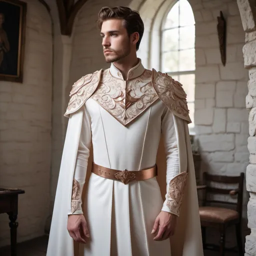 Prompt: Handsome, regal tunic, ivory white, with armor sewn into the fabric. Cascading cape, draping from the shoulder lapel. Cottage core aesthetic. Delicate rose gold detailing.