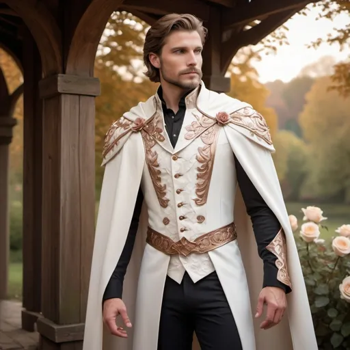 Prompt: Handsome, regal tabbard, ivory white, with armor sewn into the fabric. Cascading cape, draping from the shoulder lapel. Cottage core aesthetic. Intricate rose gold detailing.