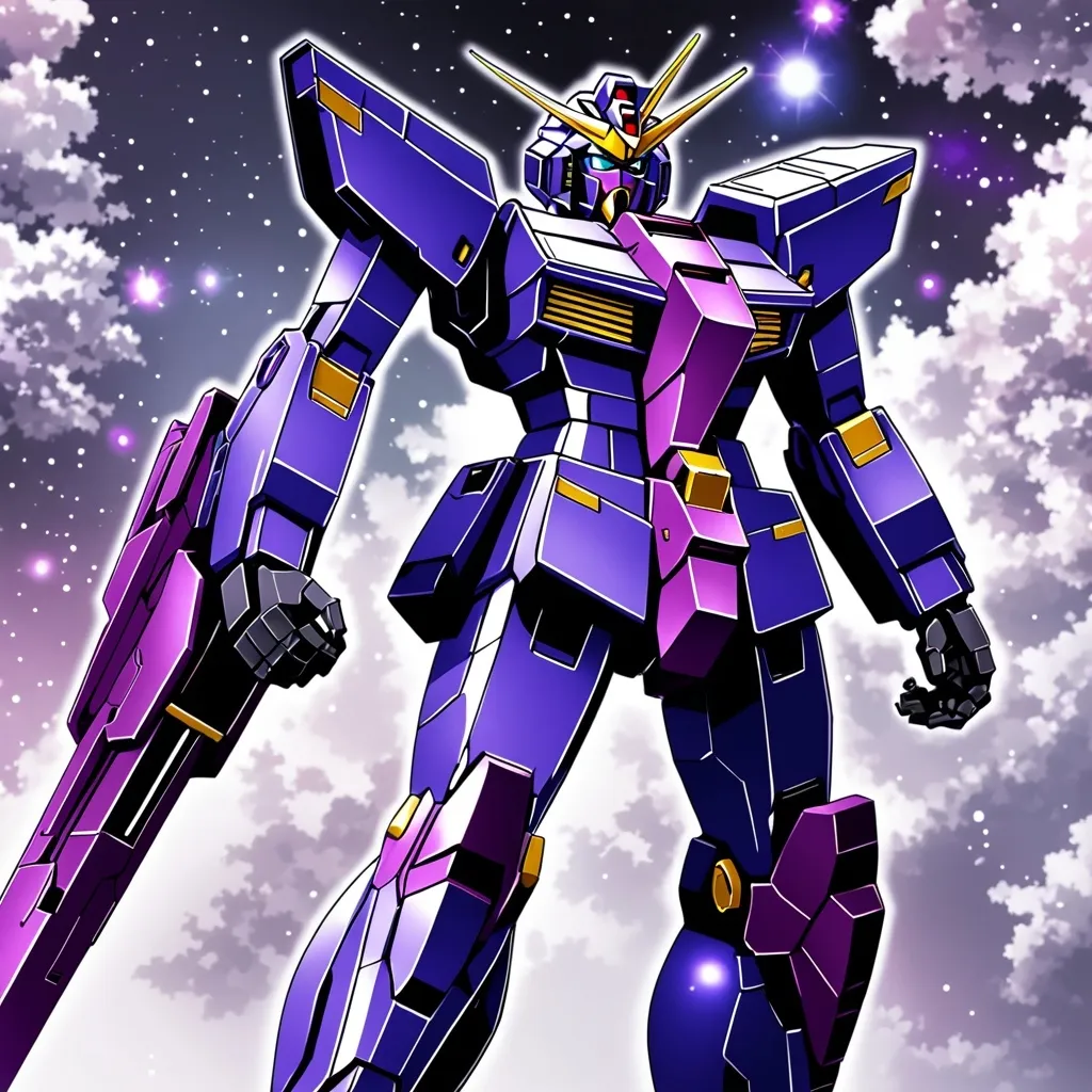 Prompt: Gundam That is Black and has Purple with it but make it more human like and that it has a more silver mixed
