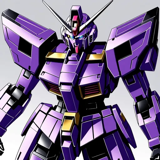 Prompt: Gundam That is Black and has Purple with it but make it more human like and that it has a more silver mixed
