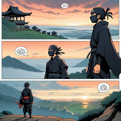 Prompt: Page 1
Panel 1: A young ninja, Shin, stands at the edge of a cliff, overlooking Konoha Village at sunrise. His dark cloak flutters in the wind, and his forehead protector gleams faintly.
Shin (inner thought): "The village… it feels so distant, even when I'm so close."

Panel 2: Flashback: Shin as a child, training in the woods. He stumbles during kunai practice. His mentor, a tall figure wearing a mask, stands behind him, silent but observant.
Shin (inner thought): "Sensei always said I carried a shadow heavier than my own."

Panel 3: A hawk lands on Shin's arm, delivering a scroll. The seal of the Hokage is visible.
Shin: "Another mission? What’s so urgent this time?"

Panel 4: Close-up of the scroll as Shin unrolls it. His eyes widen.
Scroll text: "Mission rank: S. Target: Missing-nin Raizo. Location: Land of Mist. Team assigned: Shin, Kira, Ren."
Shin (inner thought): "Teamwork again? Why can’t they understand—I work best alone."