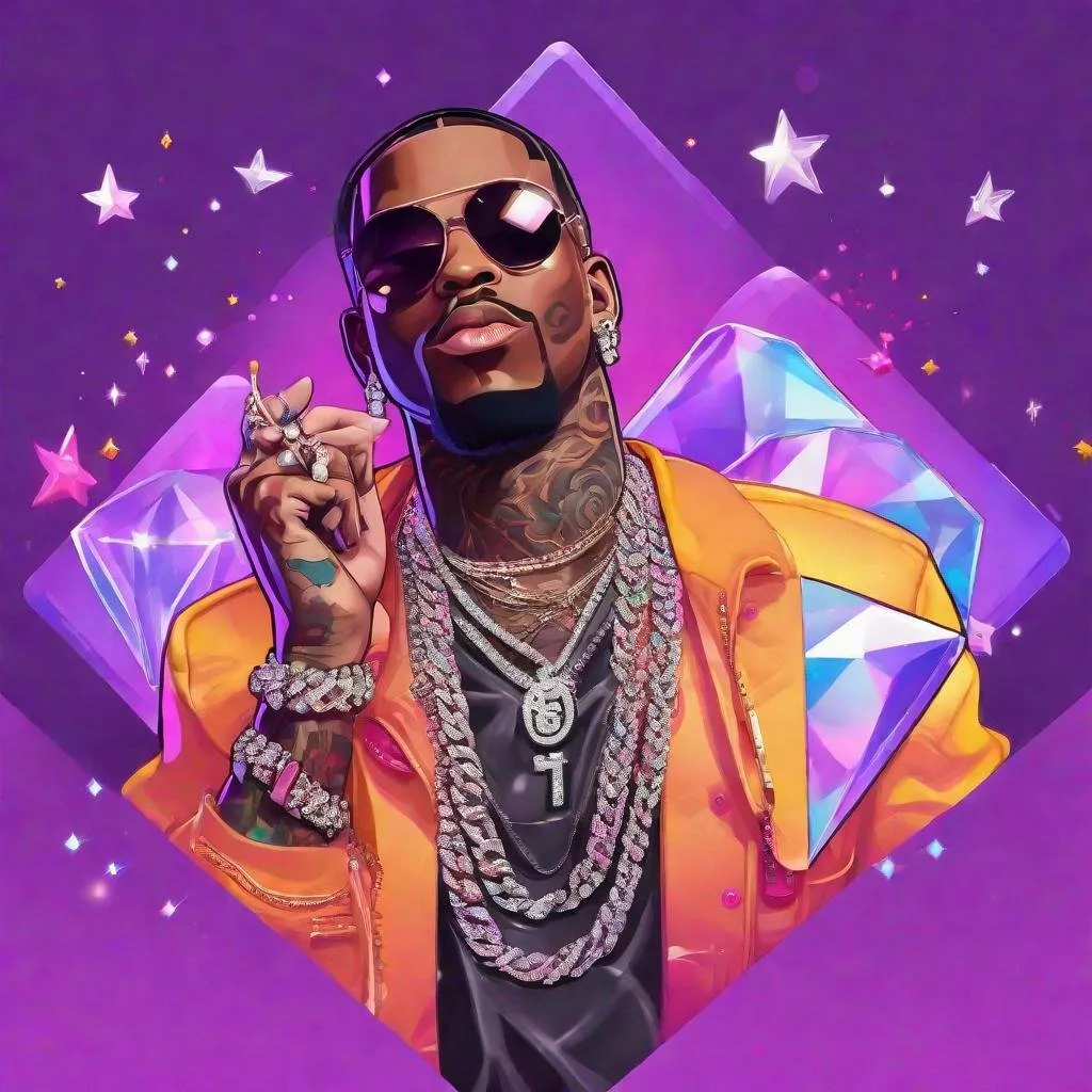 Prompt: Make me a rapper with a big diamond chain in a picture that looks like Pop Smoke with an Organ in the background, make it colorful and purple background with stars