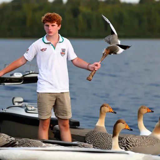 Prompt: angry red-haired freckled boy 16 years old with a white goose in his hands, threatens