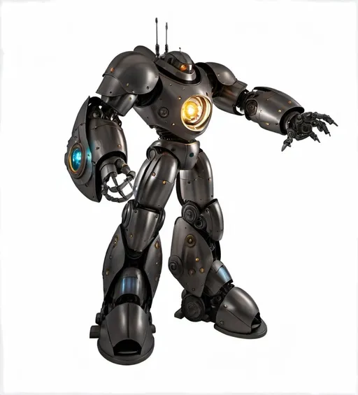 Prompt: 12 foot tall metal armored robot that walks upright with a dome shaped head and a glowing gem installed on its chest in a photo-realistic style